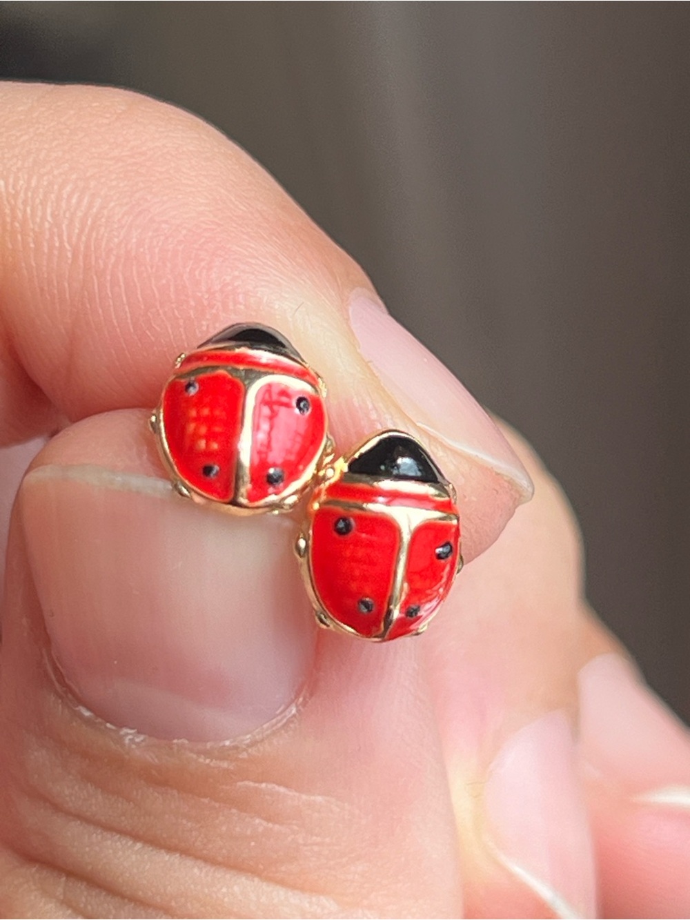 Ladybug 14k gold  Stud Earrings - Red and Black Enamel